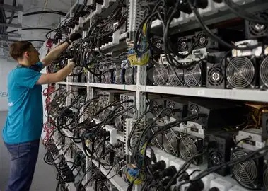 A modern mining farm utilizing renewable energy sources to power mining rigs.